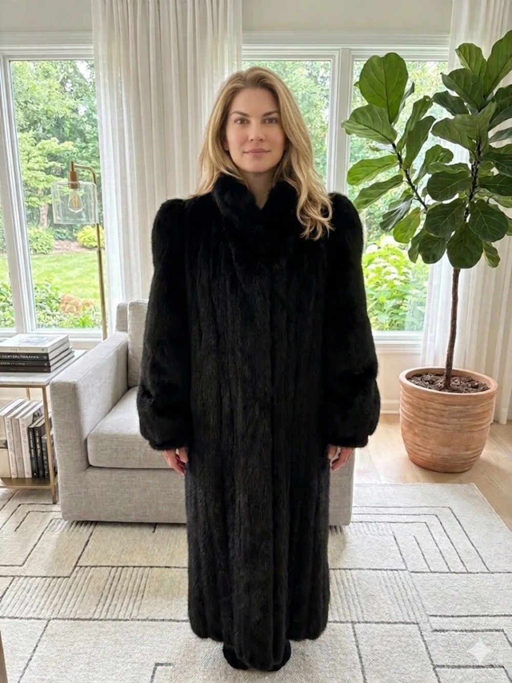 Vintage Black Mink Fur Coat With Fox Collar and Sleeves Size 10 Luxury Fur